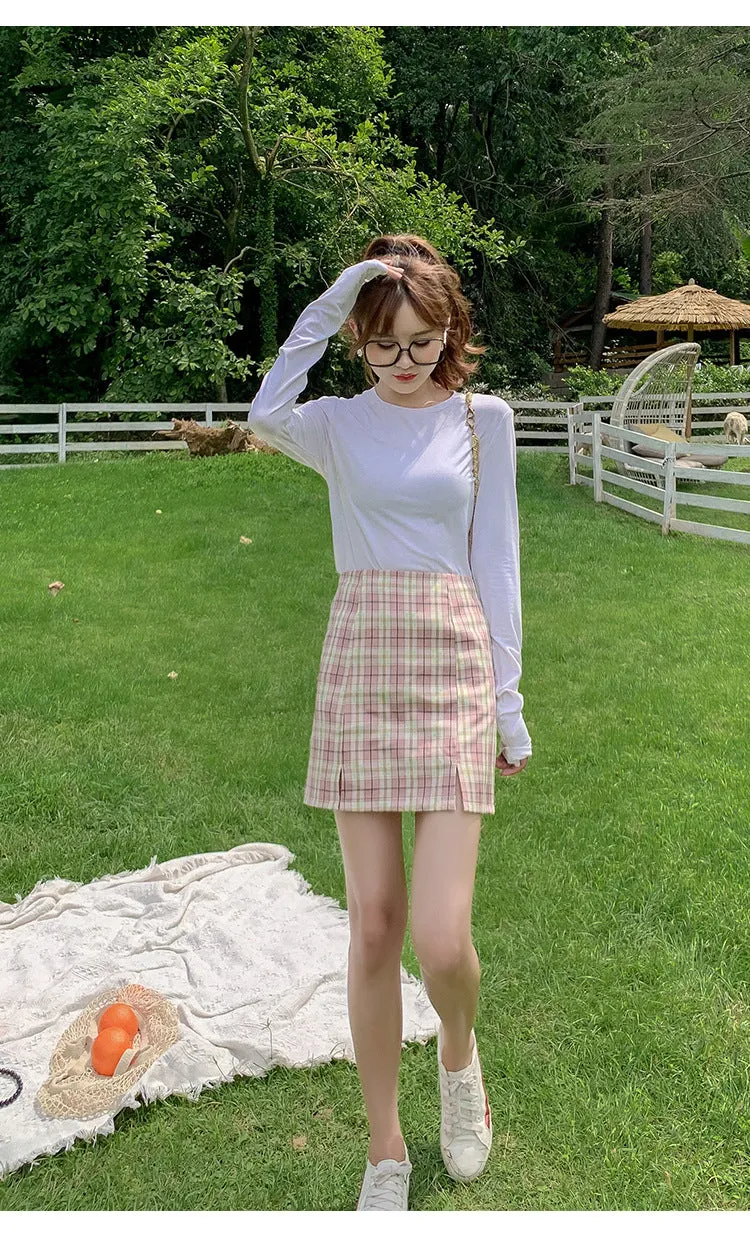 Chequered Skirt Women Pleated Korean Student High Waist Splitted A-Line Hip Flattering Skirt