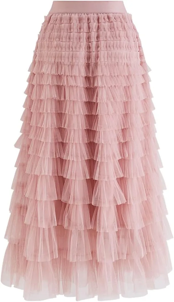 CHICWISH Women's Grey/Mint Dots/Purple/Rouge Pink Tiered Layered Mesh Ballet Prom Party Tulle Tutu A-line Maxi Skirt