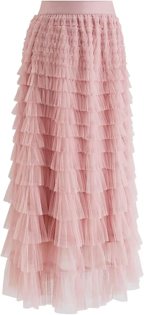 CHICWISH Women's Grey/Mint Dots/Purple/Rouge Pink Tiered Layered Mesh Ballet Prom Party Tulle Tutu A-line Maxi Skirt
