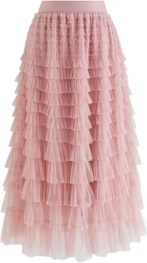 CHICWISH Women's Grey/Mint Dots/Purple/Rouge Pink Tiered Layered Mesh Ballet Prom Party Tulle Tutu A-line Maxi Skirt