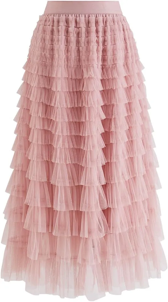 CHICWISH Women's Grey/Mint Dots/Purple/Rouge Pink Tiered Layered Mesh Ballet Prom Party Tulle Tutu A-line Maxi Skirt