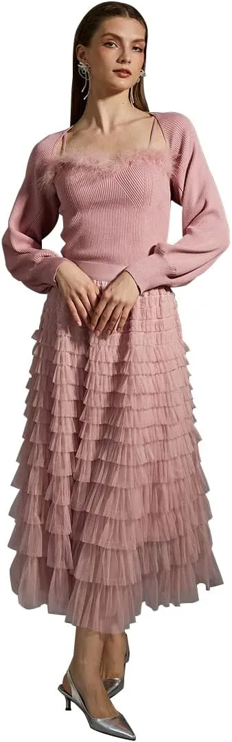 CHICWISH Women's Grey/Mint Dots/Purple/Rouge Pink Tiered Layered Mesh Ballet Prom Party Tulle Tutu A-line Maxi Skirt