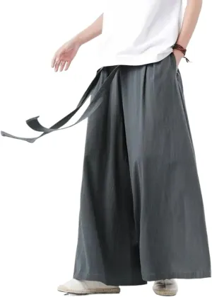 Chinese Style Harajuku Cotton Linen Pants Men Japanese Kimono Pants Male Summer Retro Wide-Leg Trousers
