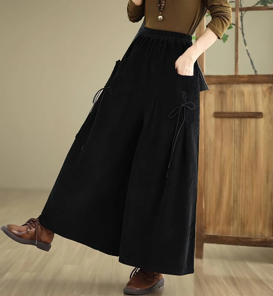 chouyatou Women's Fall Casual Wide Leg Baggy Corduroy Pants Elastic Waist Baggy Culotte Loose Trousers
