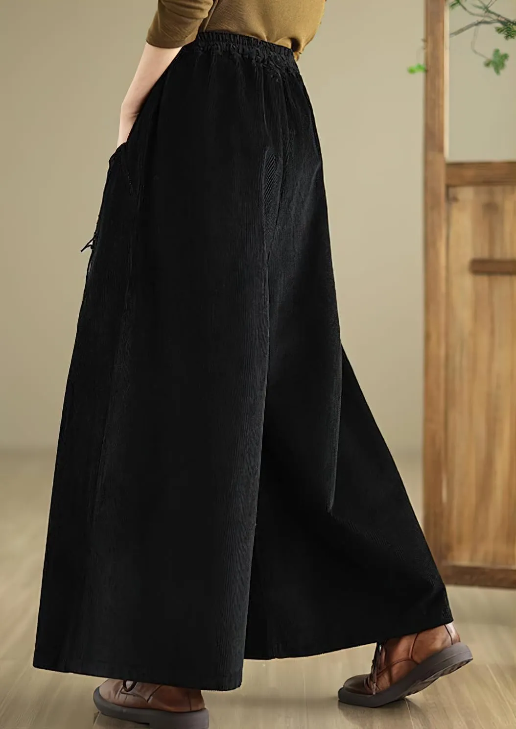 chouyatou Women's Fall Casual Wide Leg Baggy Corduroy Pants Elastic Waist Baggy Culotte Loose Trousers
