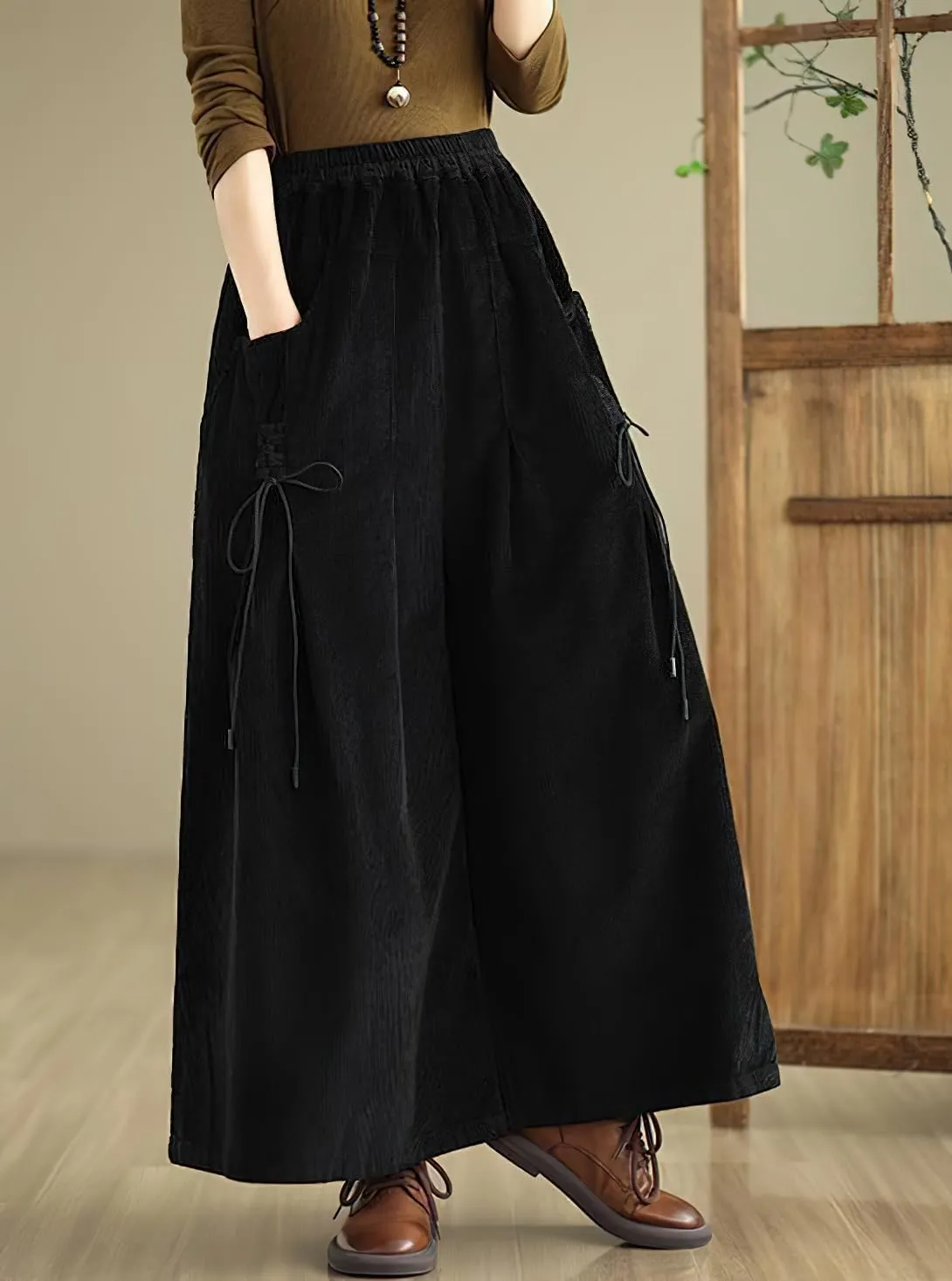 chouyatou Women's Fall Casual Wide Leg Baggy Corduroy Pants Elastic Waist Baggy Culotte Loose Trousers