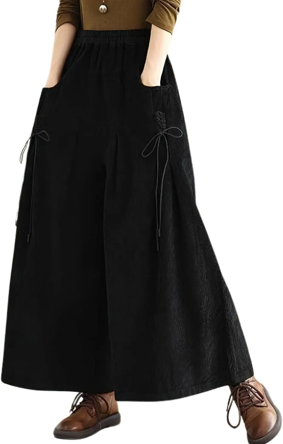 chouyatou Women's Fall Casual Wide Leg Baggy Corduroy Pants Elastic Waist Baggy Culotte Loose Trousers