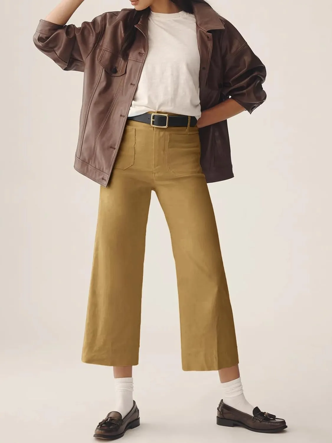Cicy Bell Womens Cropped Wide Leg Pants High Waisted Stretchy Flare Pants Casual Baggy Trousers