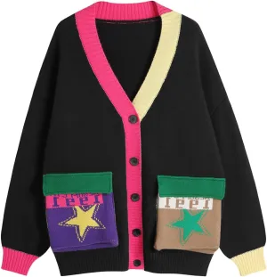 Ckikiou Fall Winter Oversized Long Sleeve Button Color Block Down Chunky Knitted Cardigan Sweater Top for Women