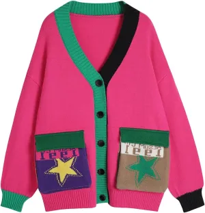 Ckikiou Fall Winter Oversized Long Sleeve Button Color Block Down Chunky Knitted Cardigan Sweater Top for Women