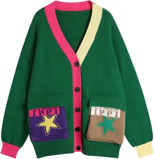 Ckikiou Fall Winter Oversized Long Sleeve Button Color Block Down Chunky Knitted Cardigan Sweater Top for Women