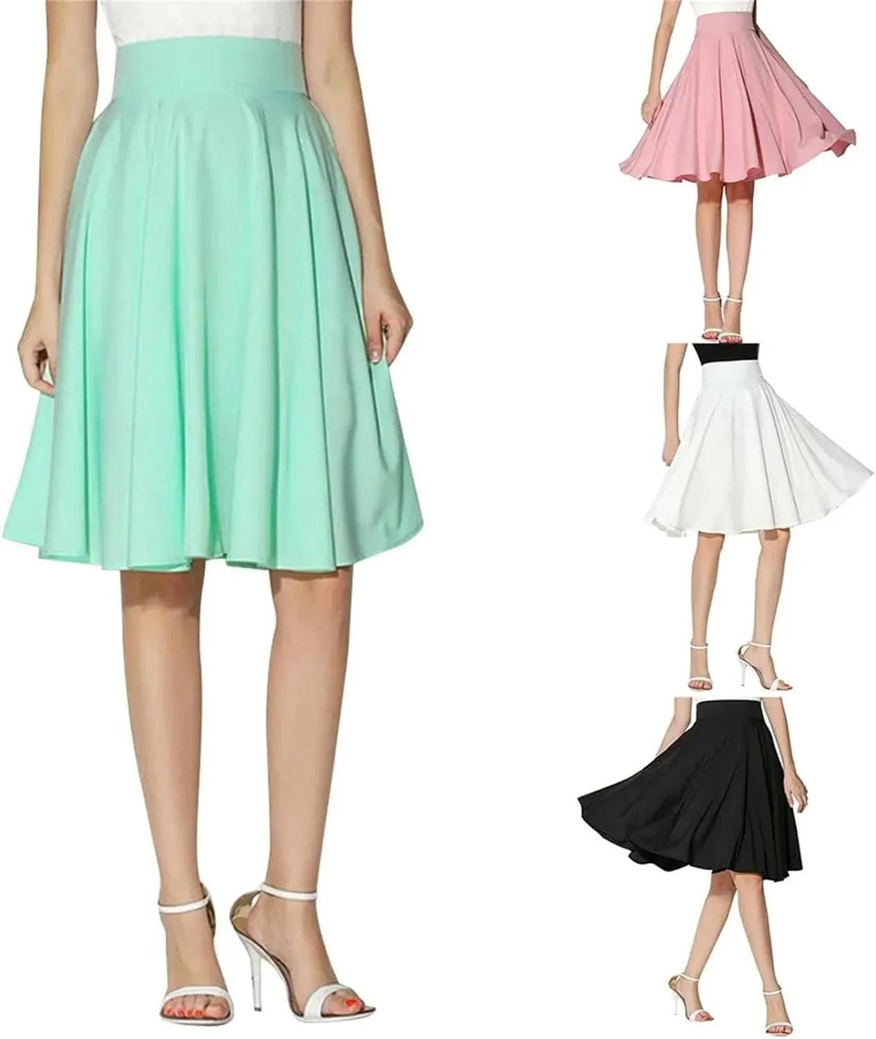 Classic Solid Color Retro Knee Length Pleated Midi SkirtFor Girls Preppy Stylefashion Sweet High Waist A-line Dress