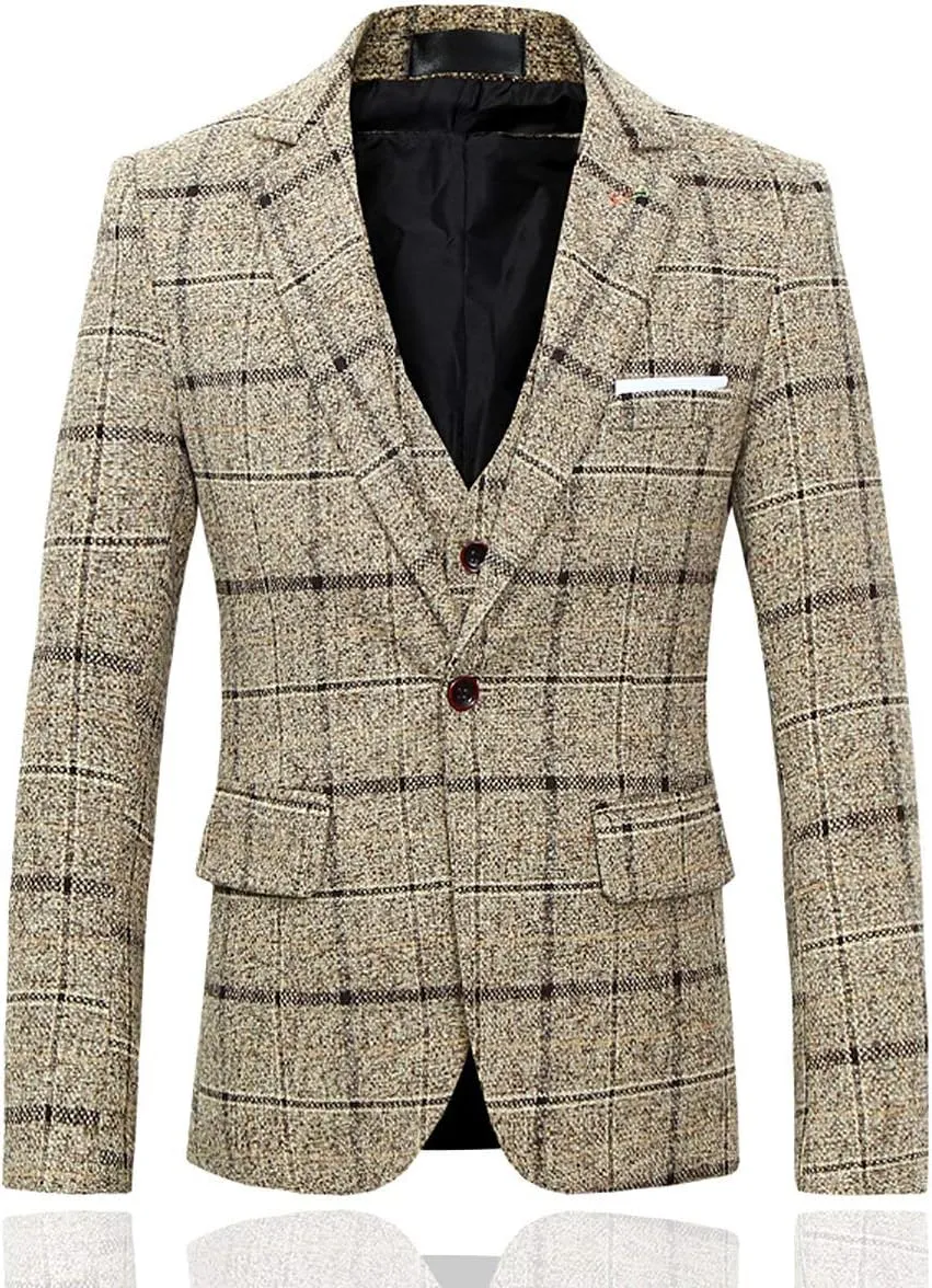 Cloudstyle Men's 3-Piece Dress Suit Plaid 1 Button Slim Fit Single-Breasted Wedding Blazer