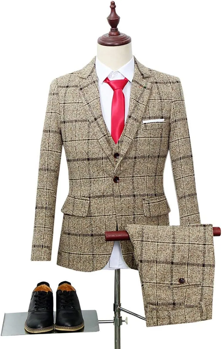 Cloudstyle Men's 3-Piece Dress Suit Plaid 1 Button Slim Fit Single-Breasted Wedding Blazer