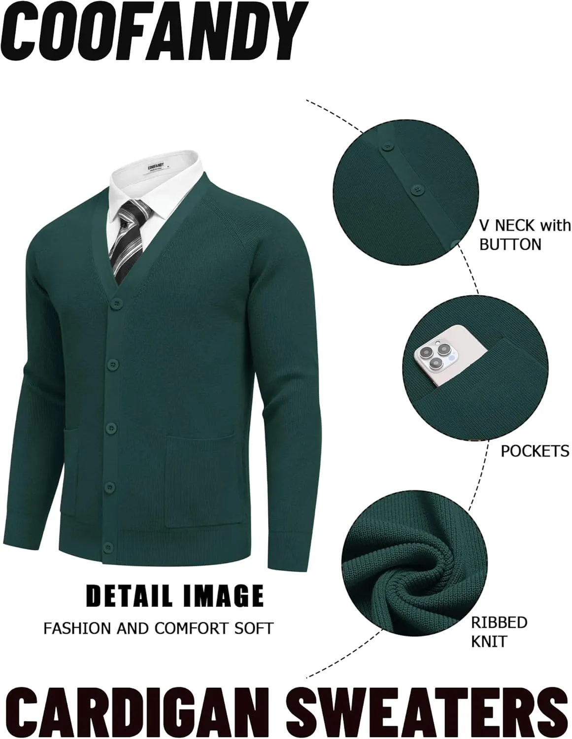 COOFANDY Men's Cardigan Sweaters with Button Lightweight Casual V Neck Long Sleeve Pockets Knitted Sweater