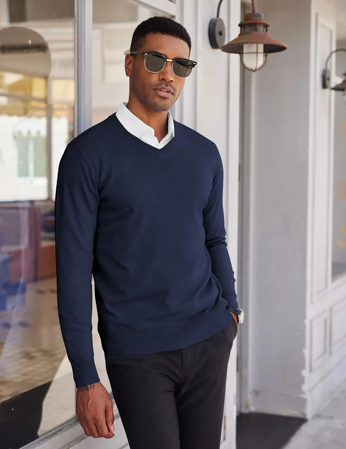 COOFANDY Men's V Neck Pullover Sweater Slim Fit Casual Dress Sweater Lightweight Knitted Sweaters