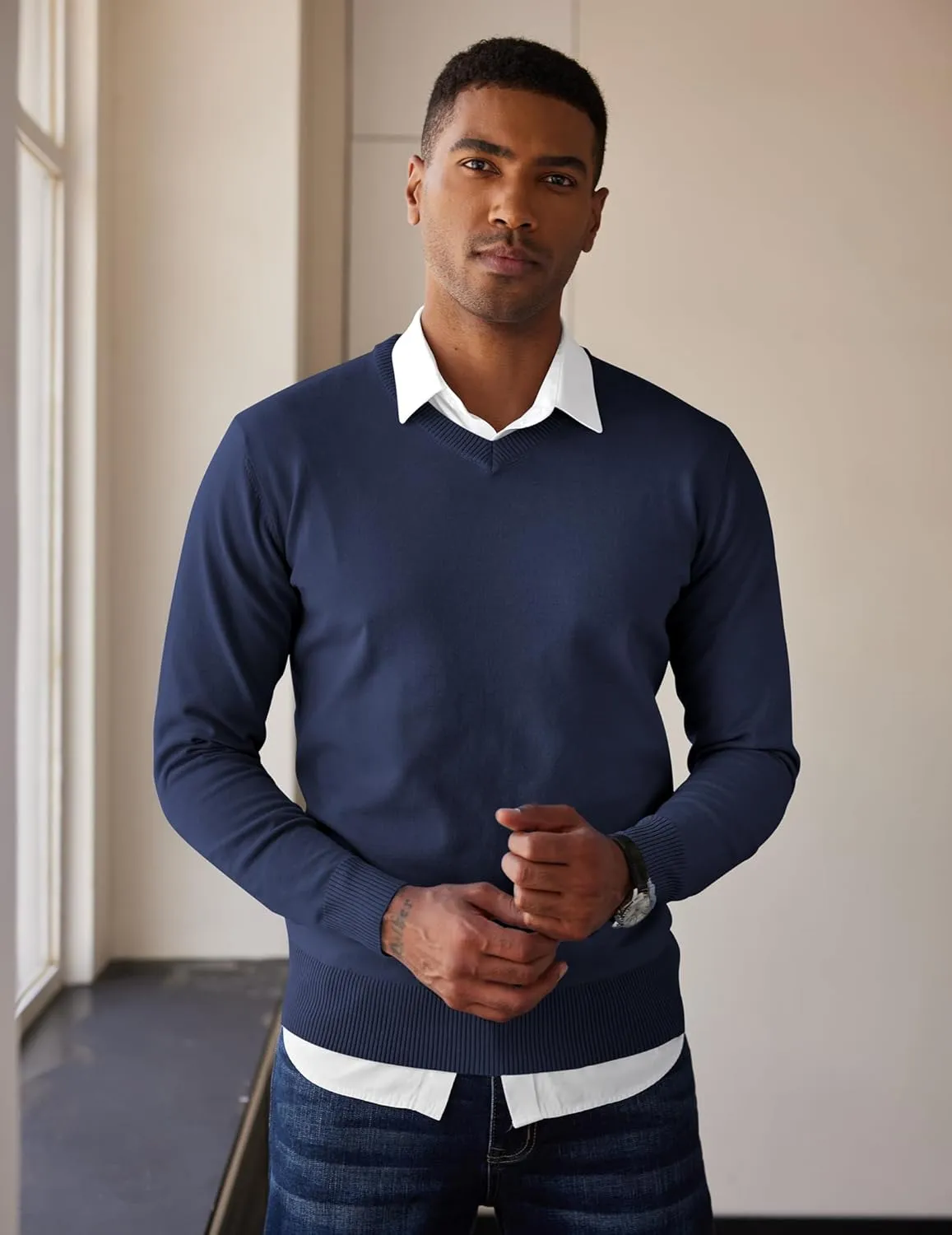 COOFANDY Men's V Neck Pullover Sweater Slim Fit Casual Dress Sweater Lightweight Knitted Sweaters
