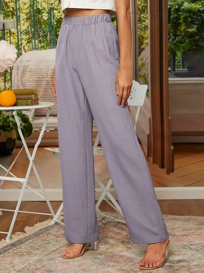 Cotton Linen Palazzo Pants for Women Solid High Elastic Waist Wide Leg Long Trousers Flowy Summer Beach Pants