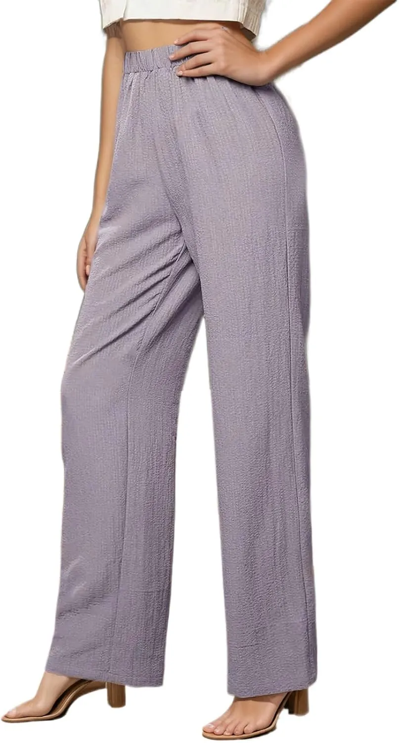 Cotton Linen Palazzo Pants for Women Solid High Elastic Waist Wide Leg Long Trousers Flowy Summer Beach Pants