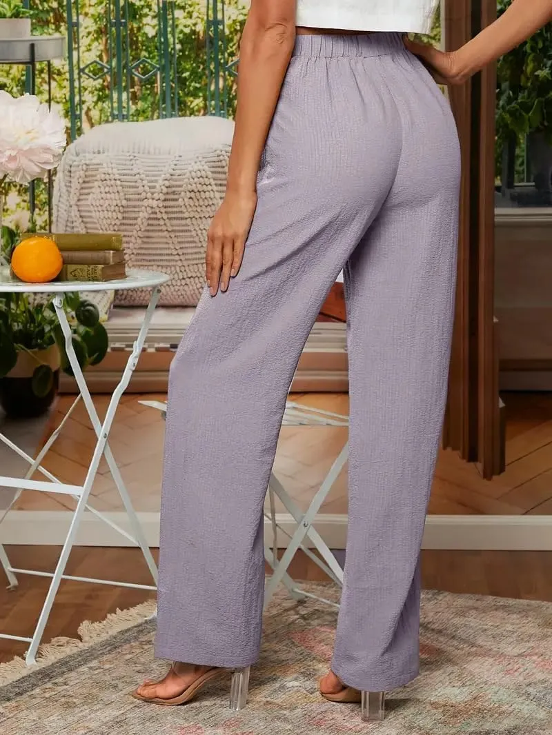 Cotton Linen Palazzo Pants for Women Solid High Elastic Waist Wide Leg Long Trousers Flowy Summer Beach Pants