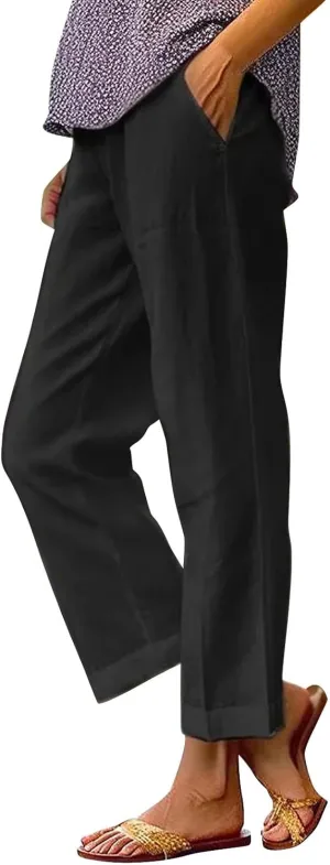Cotton Linen Pants Women Summer Elastic Waist Palazzo Pants Plus Size Straight Leg Slack Casual Trouser with Pockets