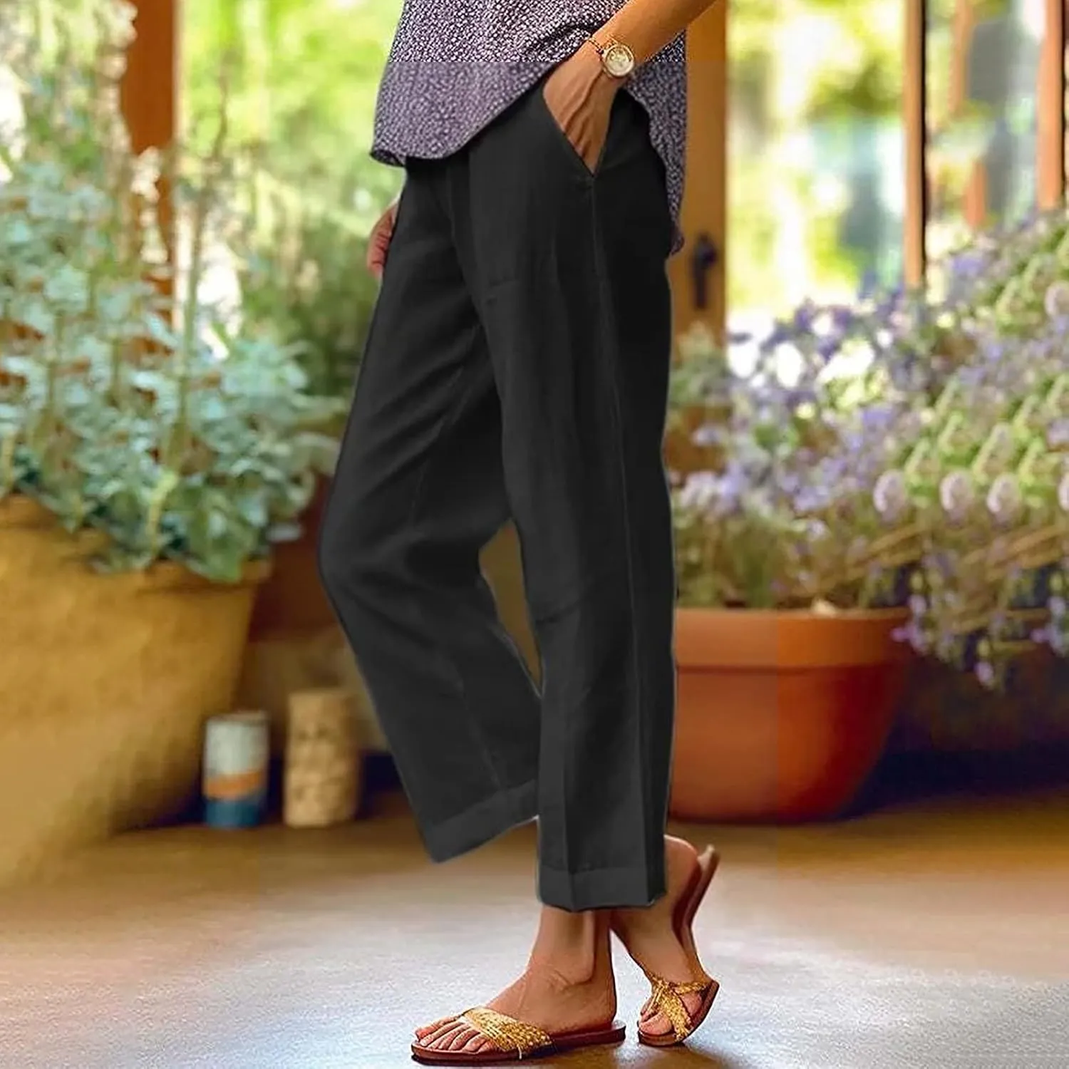 Cotton Linen Pants Women Summer Elastic Waist Palazzo Pants Plus Size Straight Leg Slack Casual Trouser with Pockets