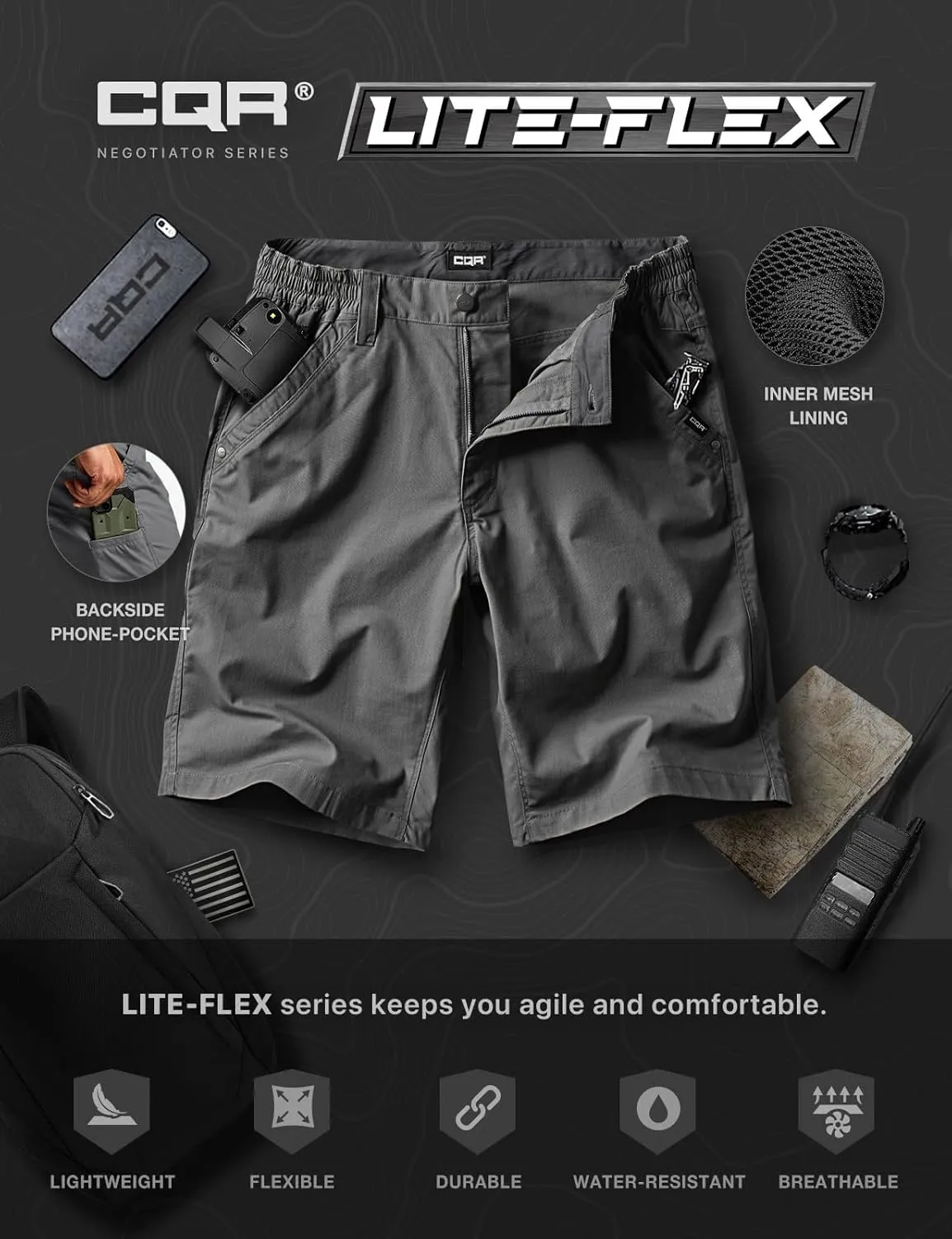 CQR Men's Flex Casual Cargo Shorts, Lightweight Water Resistant Golf Shorts, Stretch Tactical Work Shorts with Multi-Pocket