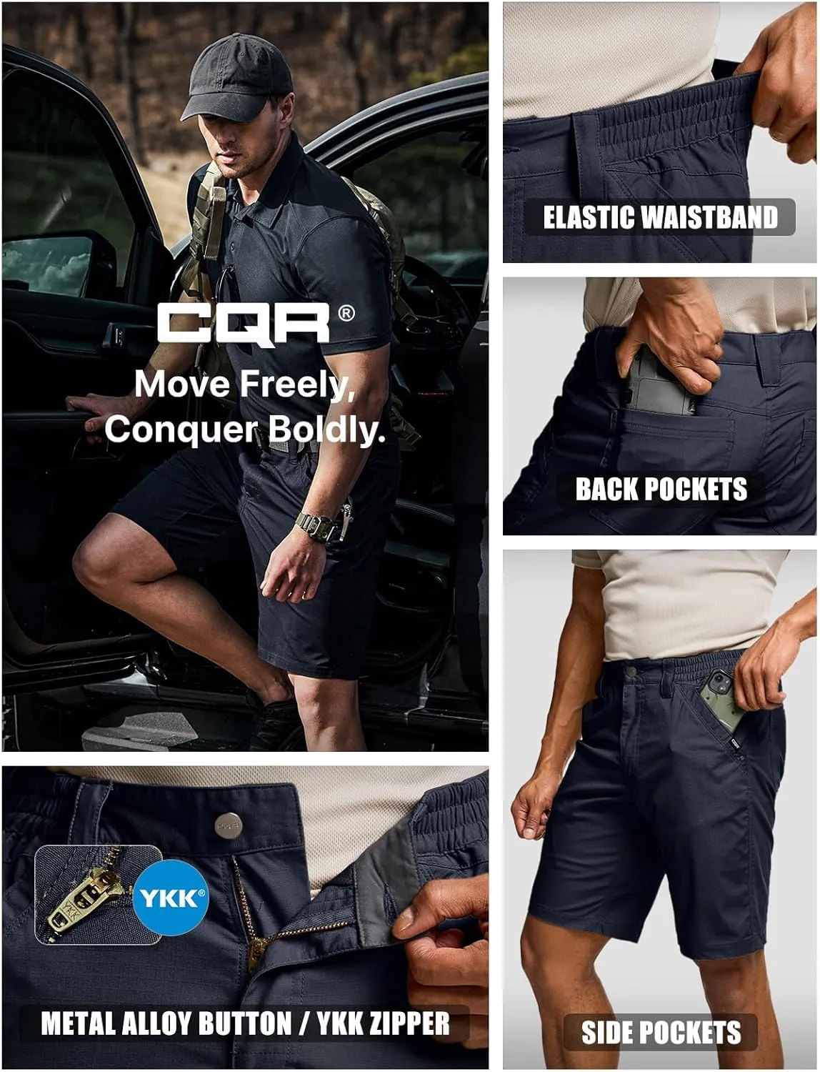 CQR Men's Flex Casual Cargo Shorts, Lightweight Water Resistant Golf Shorts, Stretch Tactical Work Shorts with Multi-Pocket