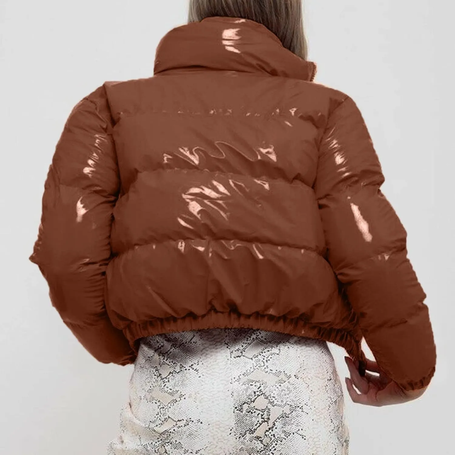 Cropped Puffer Coats Women Winter Zipper Shiny Short Quilted Jacket Fashion Stand Collar Warm Fluffy Padded Down Coat