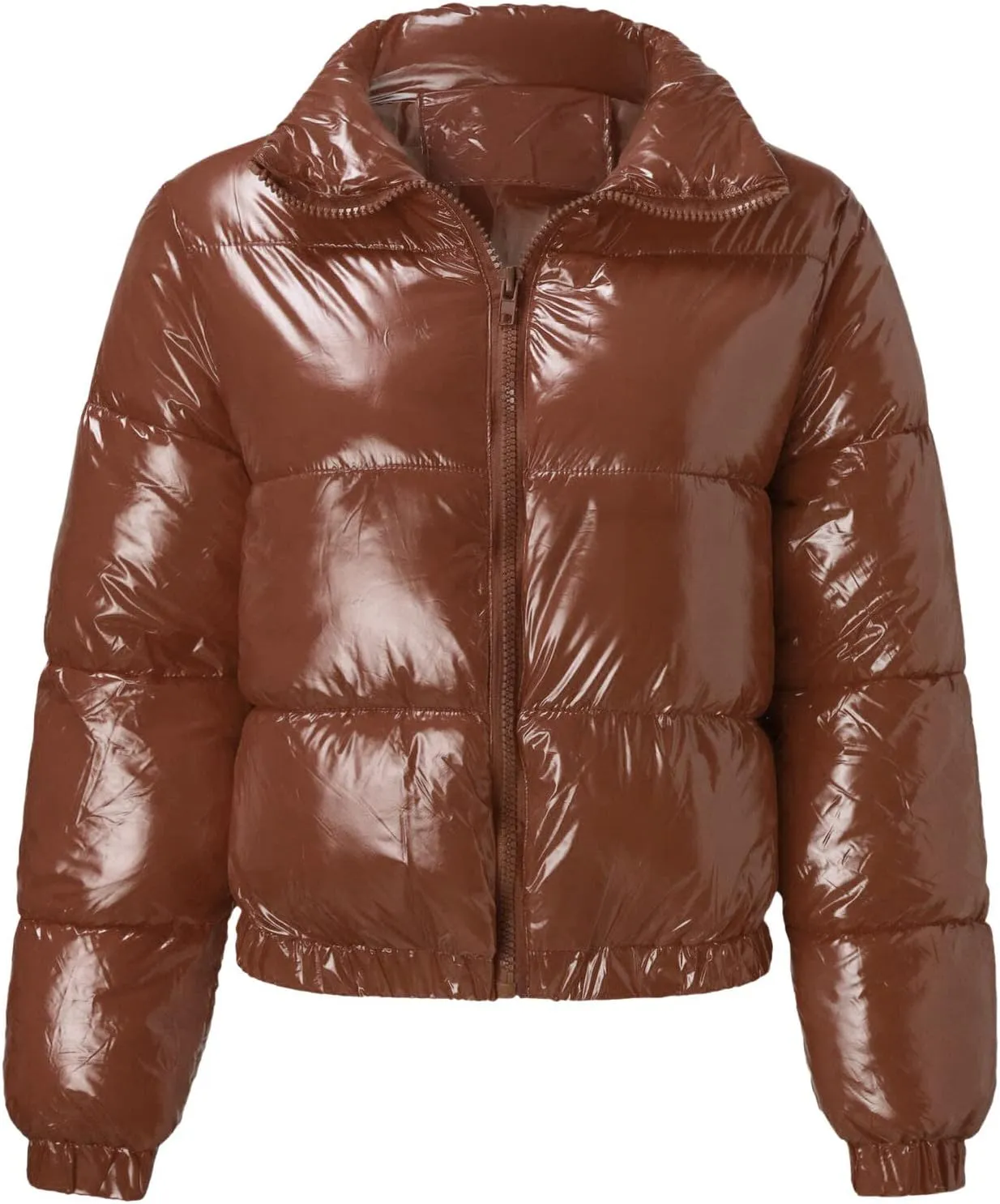 Cropped Puffer Coats Women Winter Zipper Shiny Short Quilted Jacket Fashion Stand Collar Warm Fluffy Padded Down Coat