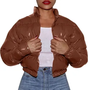 Cropped Puffer Coats Women Winter Zipper Shiny Short Quilted Jacket Fashion Stand Collar Warm Fluffy Padded Down Coat