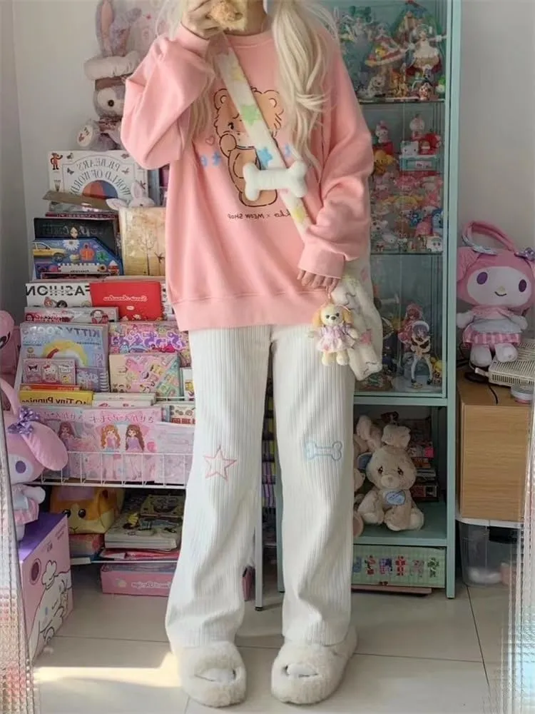 Cute White Corduroy Pants for Women Cartoon Embroidery High Waist Harajuku Kawaii Wide Leg Trousers Y2K Pants