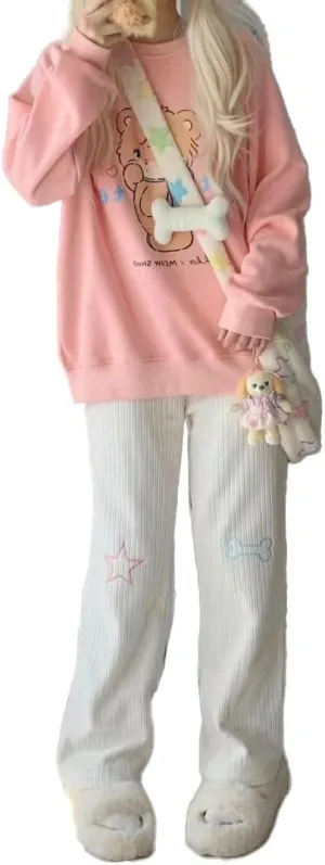 Cute White Corduroy Pants for Women Cartoon Embroidery High Waist Harajuku Kawaii Wide Leg Trousers Y2K Pants