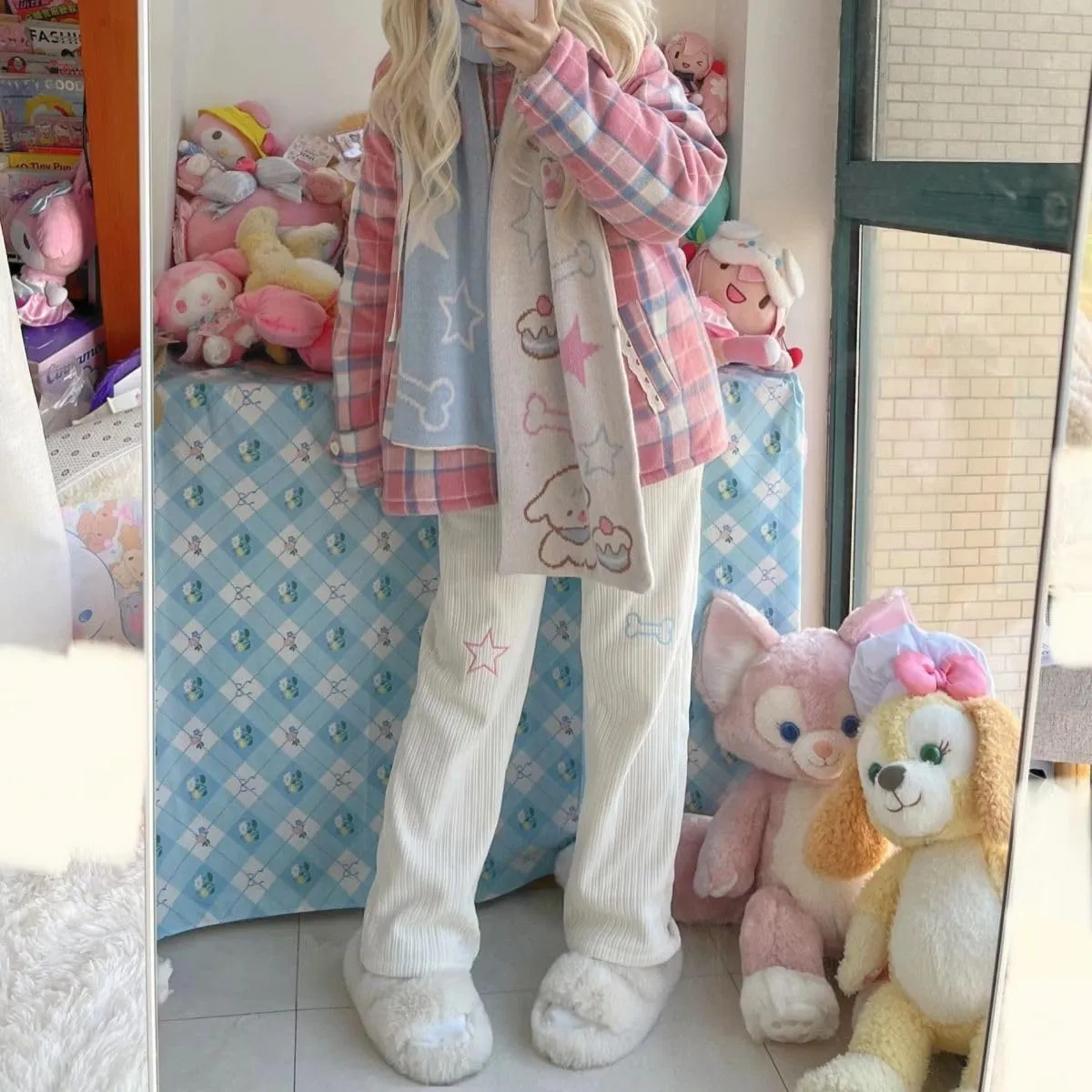 Cute White Corduroy Pants for Women Cartoon Embroidery High Waist Harajuku Kawaii Wide Leg Trousers Y2K Pants