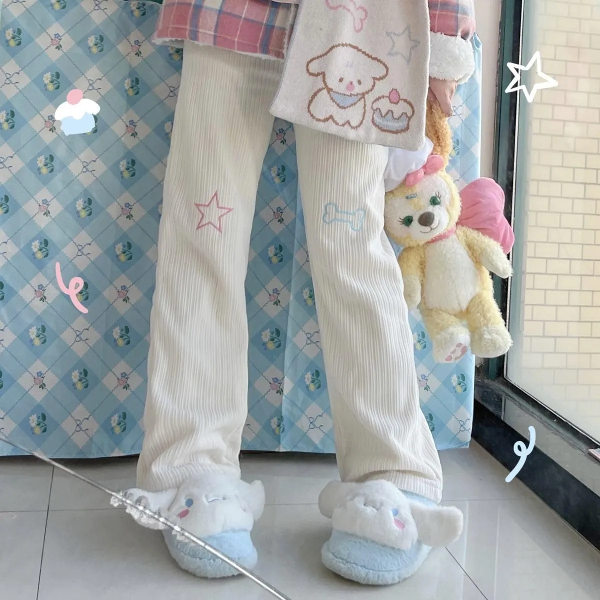Cute White Corduroy Pants for Women Cartoon Embroidery High Waist Harajuku Kawaii Wide Leg Trousers Y2K Pants