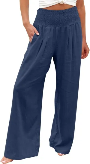 DDAPJ pyju Women Linen Palazzo Pants 2025 Summer High Waisted Wide Leg Lounge Pant Pleated Beach Travel Trousers with Pockets
