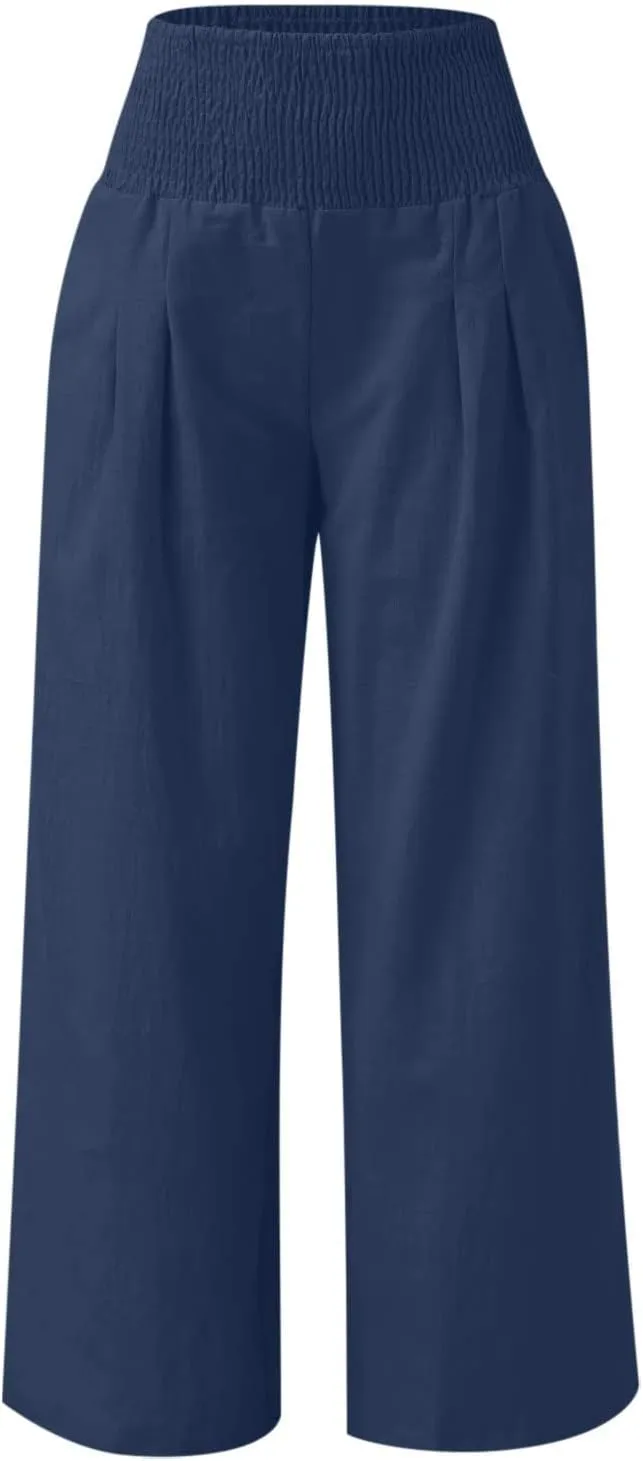 DDAPJ pyju Women Linen Palazzo Pants 2025 Summer High Waisted Wide Leg Lounge Pant Pleated Beach Travel Trousers with Pockets