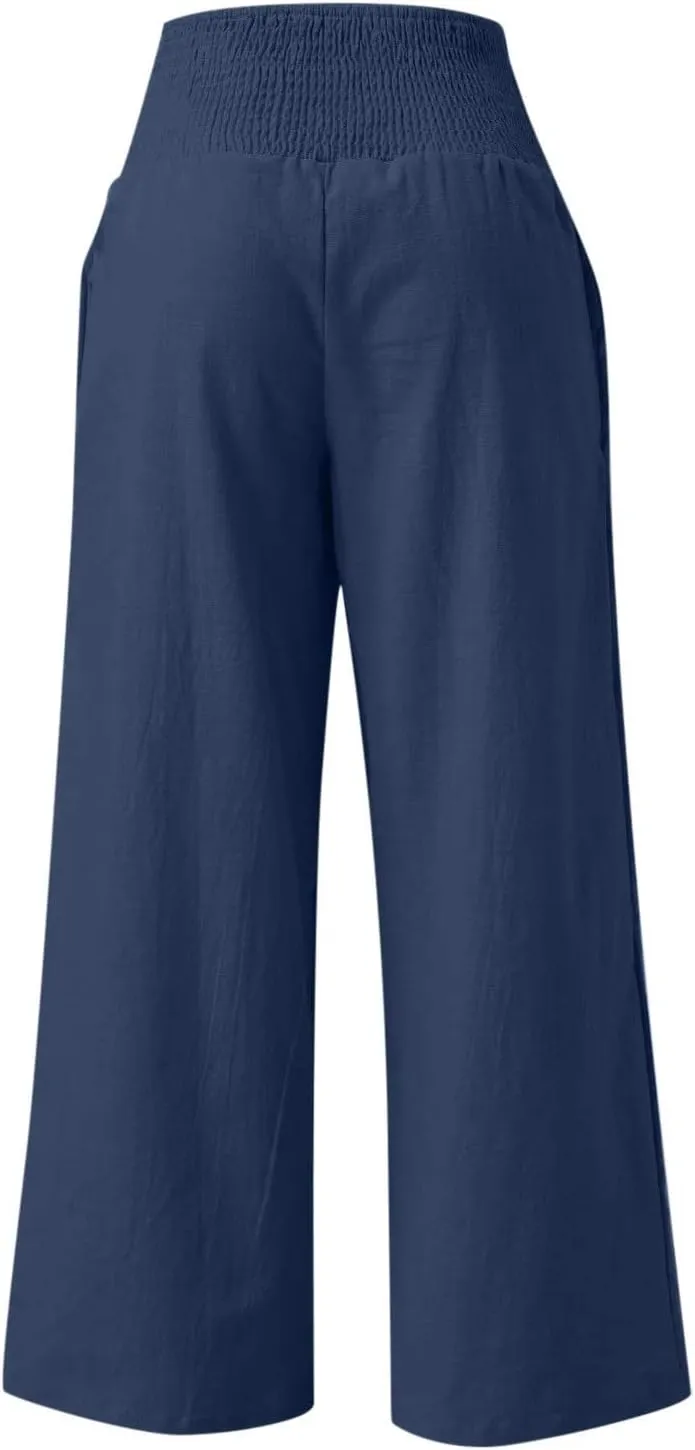 DDAPJ pyju Women Linen Palazzo Pants 2025 Summer High Waisted Wide Leg Lounge Pant Pleated Beach Travel Trousers with Pockets