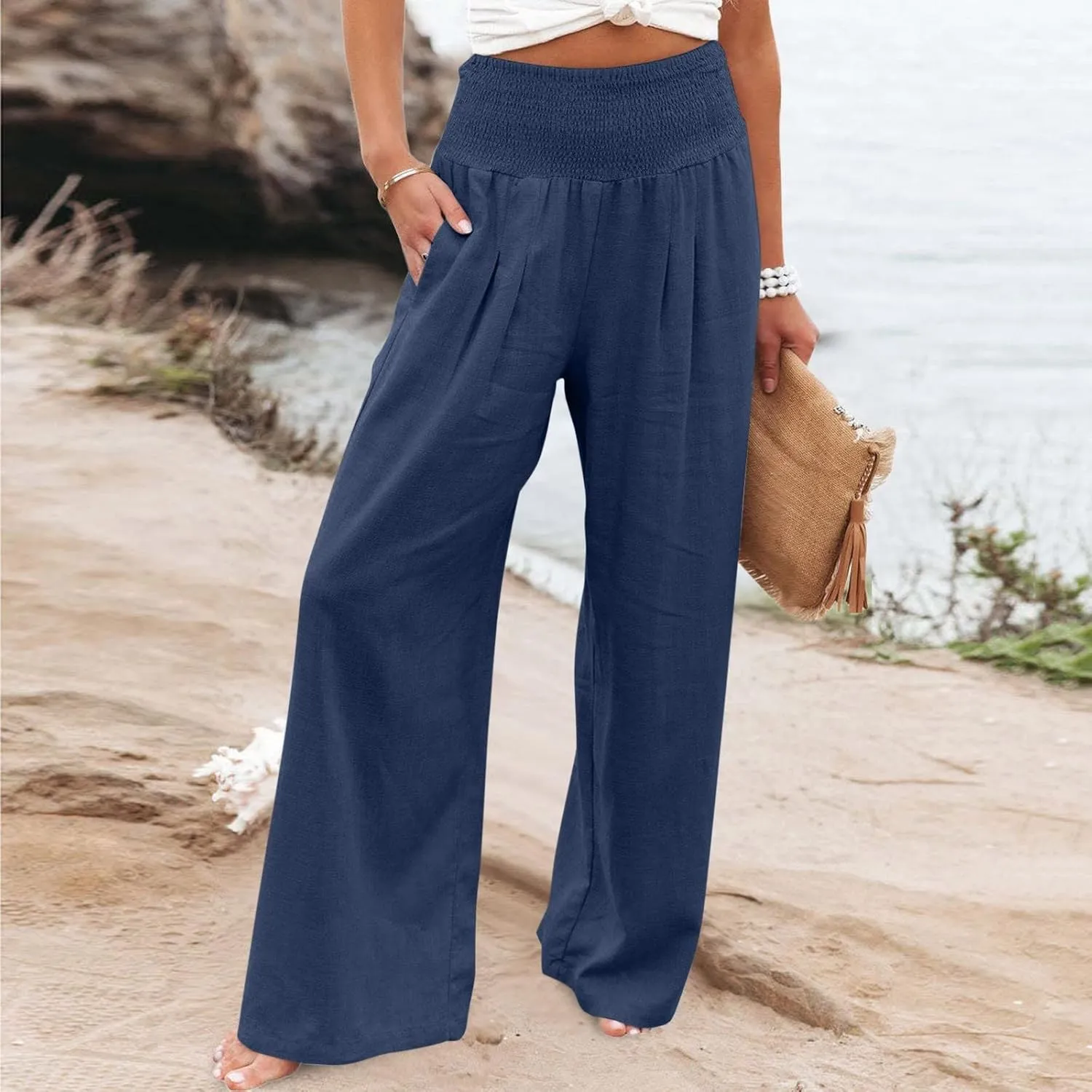 DDAPJ pyju Women Linen Palazzo Pants 2025 Summer High Waisted Wide Leg Lounge Pant Pleated Beach Travel Trousers with Pockets