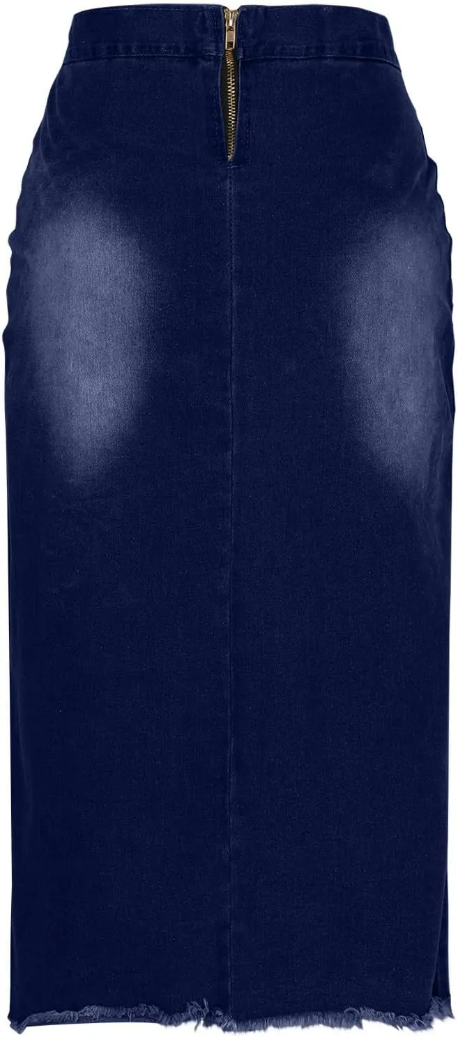 Denim Pencil Skirt Women Lace-up Front Bodycon Jeans Skirt High Waisted Tight Denim Skirts Gothic Punk Frayed Skirts