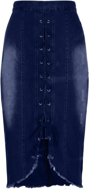 Denim Pencil Skirt Women Lace-up Front Bodycon Jeans Skirt High Waisted Tight Denim Skirts Gothic Punk Frayed Skirts
