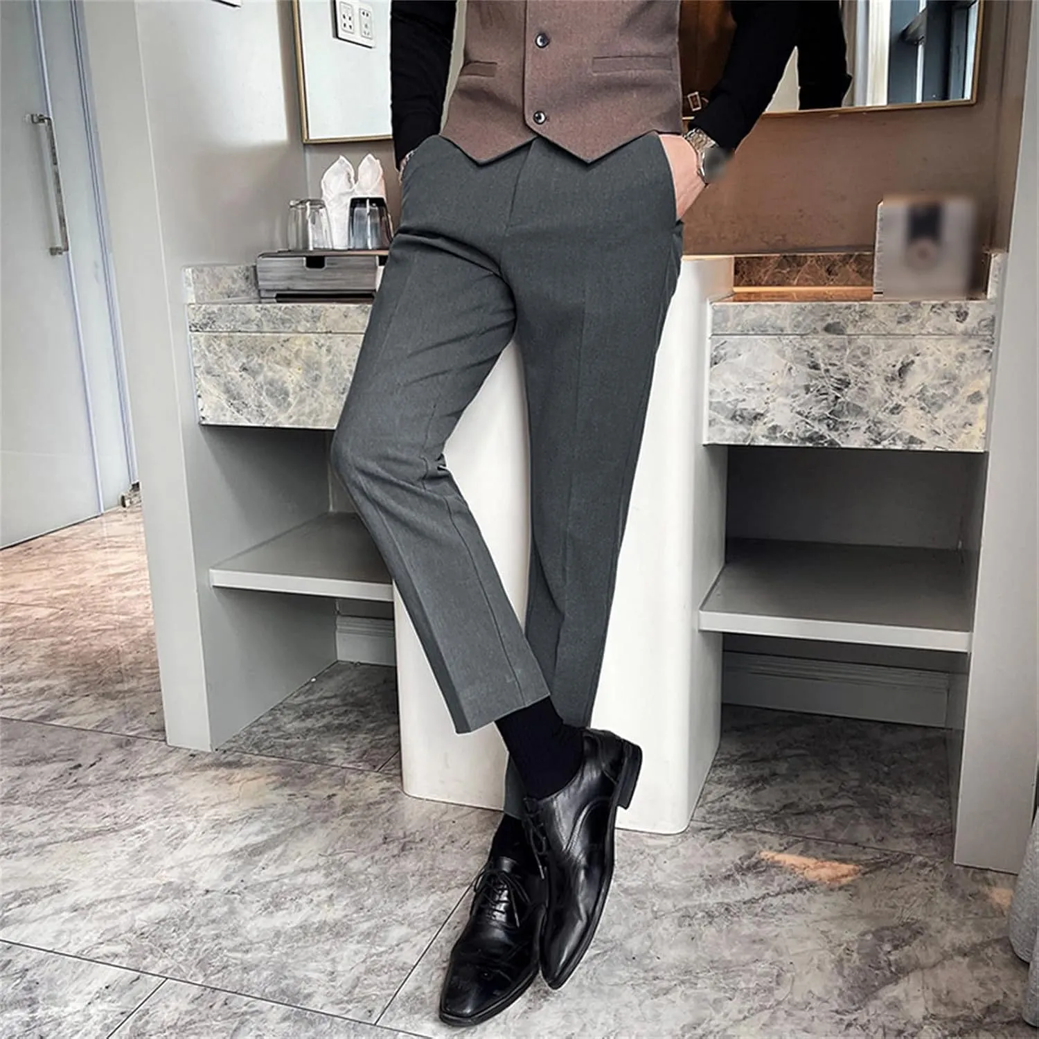 DGHM-JLMY Men's Business Slim Tapered Trousers Wedding Stretch Solid Slim Fit Dress Pant Wrinkle Resistant Pant