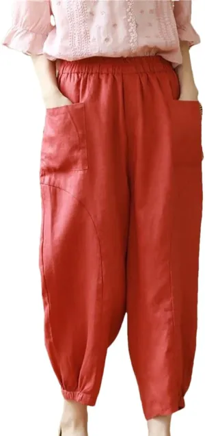 Dndrdhfb Women's Cotton Wide Leg Pants Casual High Waist Ankle Length Harem Pants with Pockets