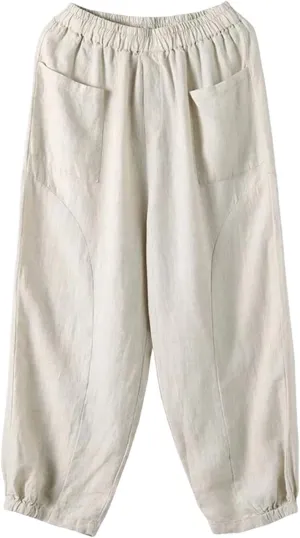 Dndrdhfb Women's Cotton Wide Leg Pants Casual High Waist Ankle Length Harem Pants with Pockets