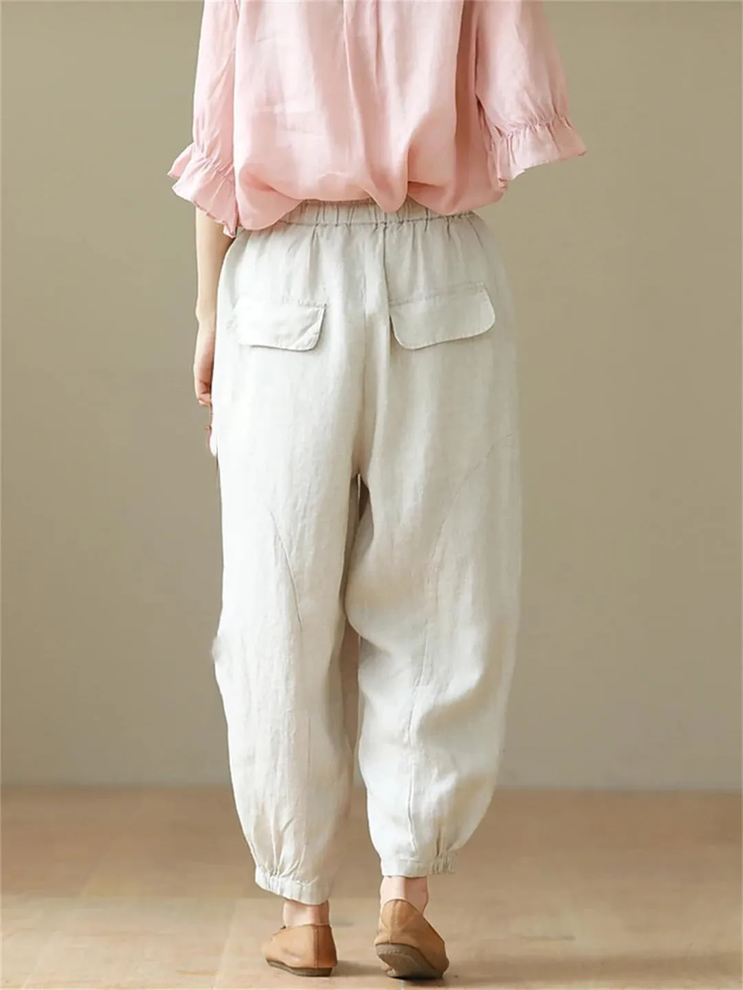Dndrdhfb Women's Cotton Wide Leg Pants Casual High Waist Ankle Length Harem Pants with Pockets