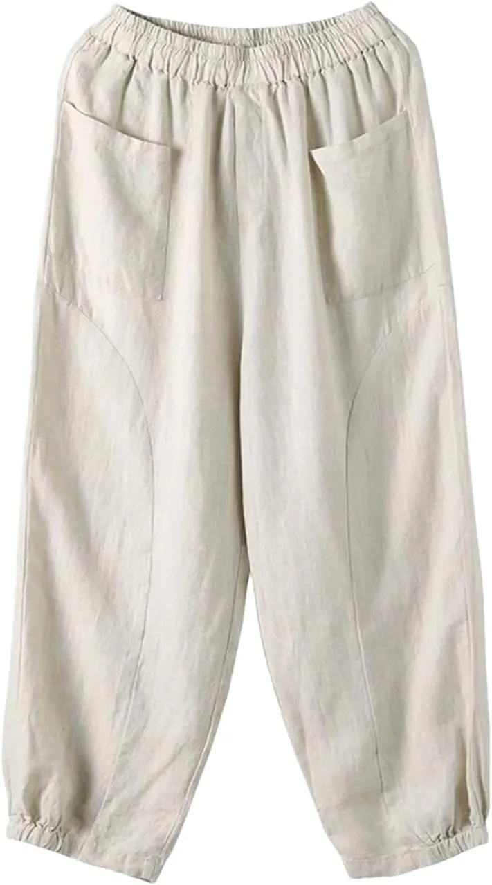 Dndrdhfb Women's Cotton Wide Leg Pants Casual High Waist Ankle Length Harem Pants with Pockets