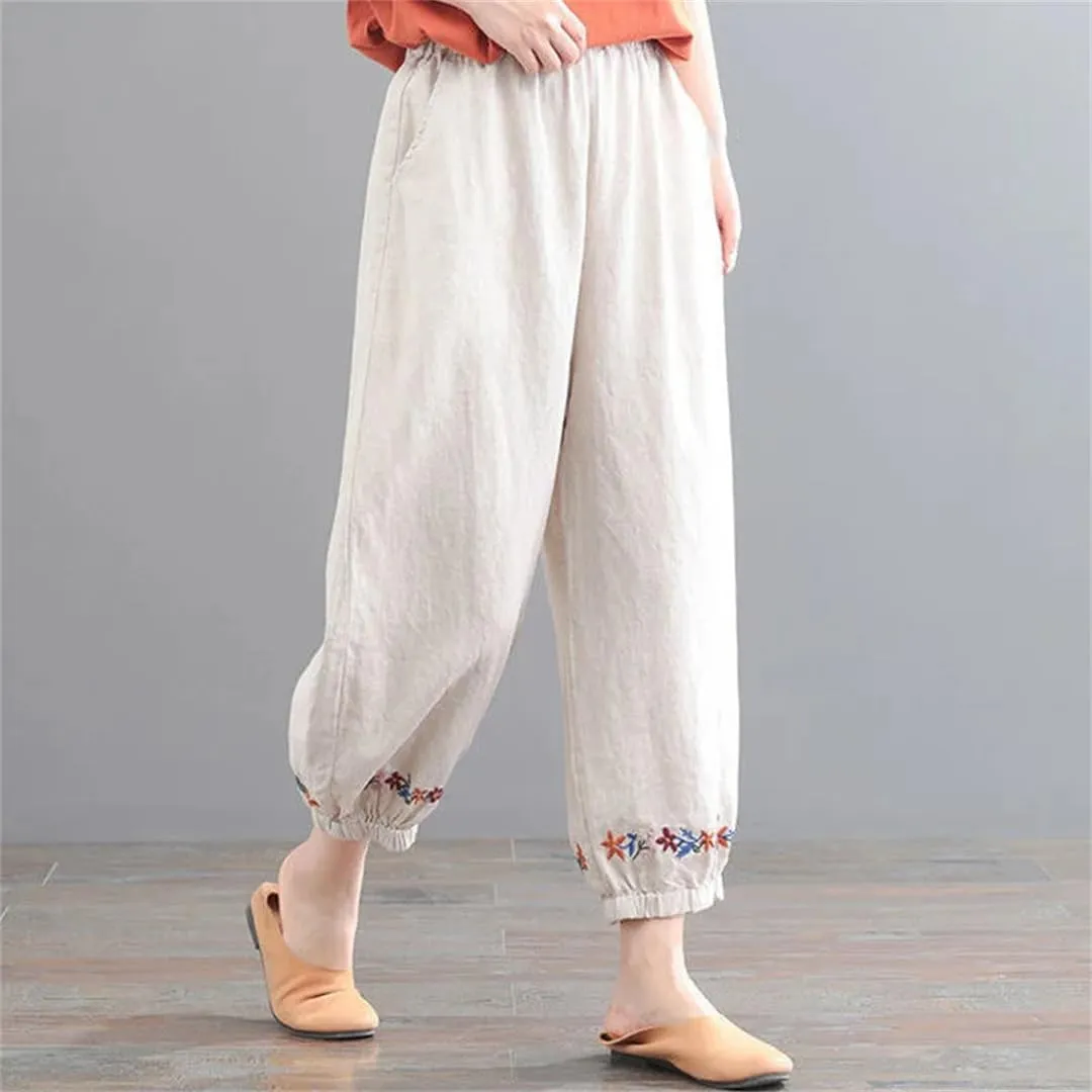 Dndrdhfb Women's Solid Color Boxer Harem Pants Loose High Waist Embroidered Straight Pants