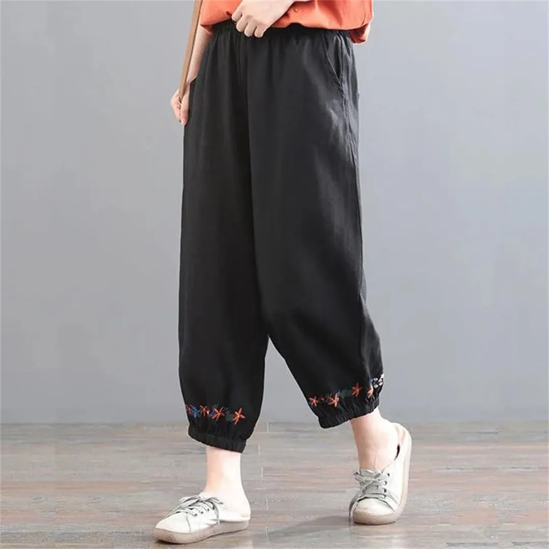 Dndrdhfb Women's Solid Color Boxer Harem Pants Loose High Waist Embroidered Straight Pants