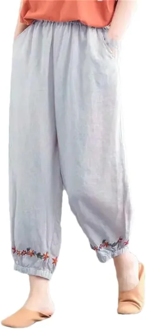 Dndrdhfb Women's Solid Color Boxer Harem Pants Loose High Waist Embroidered Straight Pants