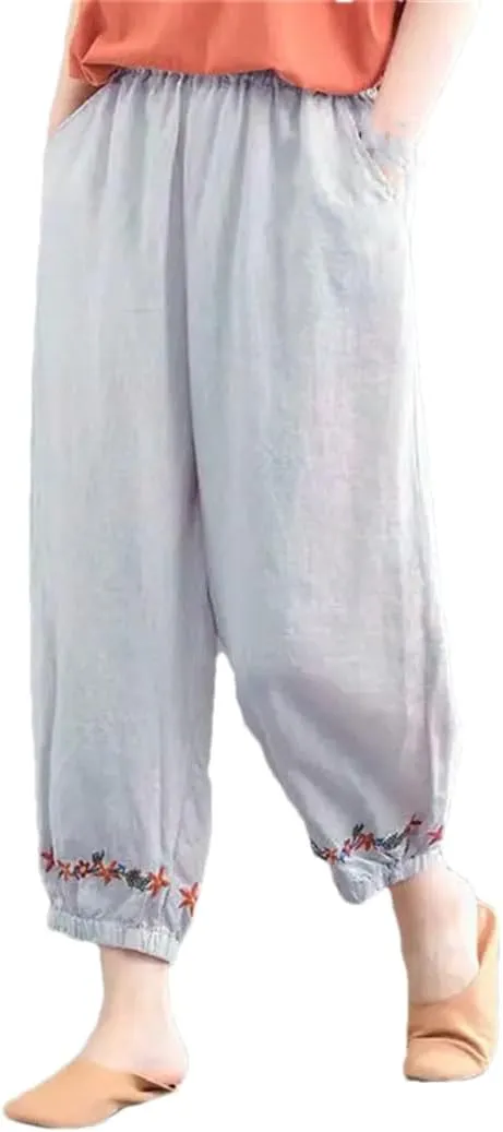 Dndrdhfb Women's Solid Color Boxer Harem Pants Loose High Waist Embroidered Straight Pants